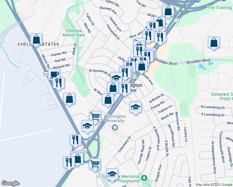 map of restaurants, bars, coffee shops, grocery stores, and more near 601 North Dupont Highway in Wilmington Manor