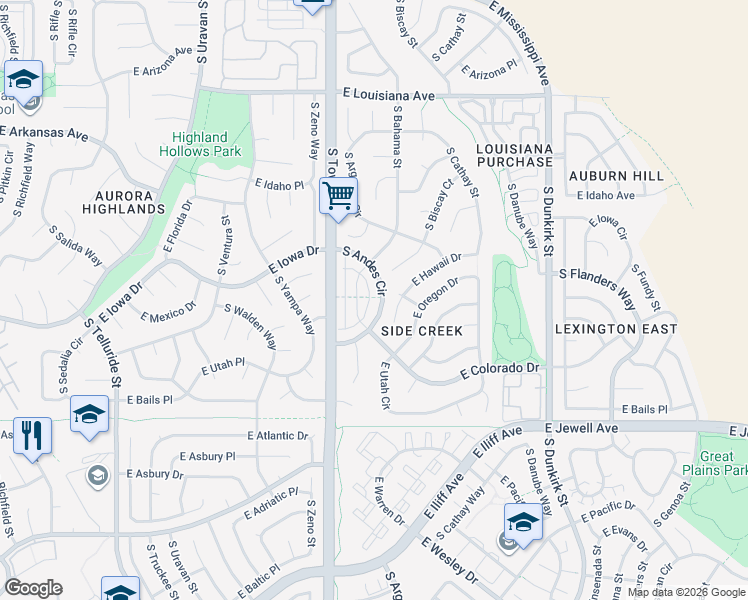 map of restaurants, bars, coffee shops, grocery stores, and more near 18609 East Colorado Drive in Aurora