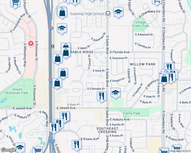 map of restaurants, bars, coffee shops, grocery stores, and more near 14235 East Montana Circle in Aurora