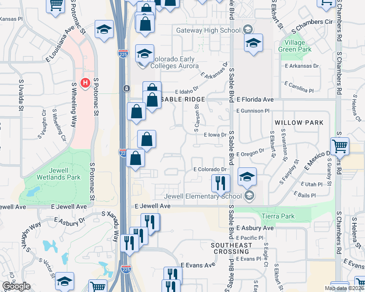 map of restaurants, bars, coffee shops, grocery stores, and more near 14153 East Montana Circle in Aurora