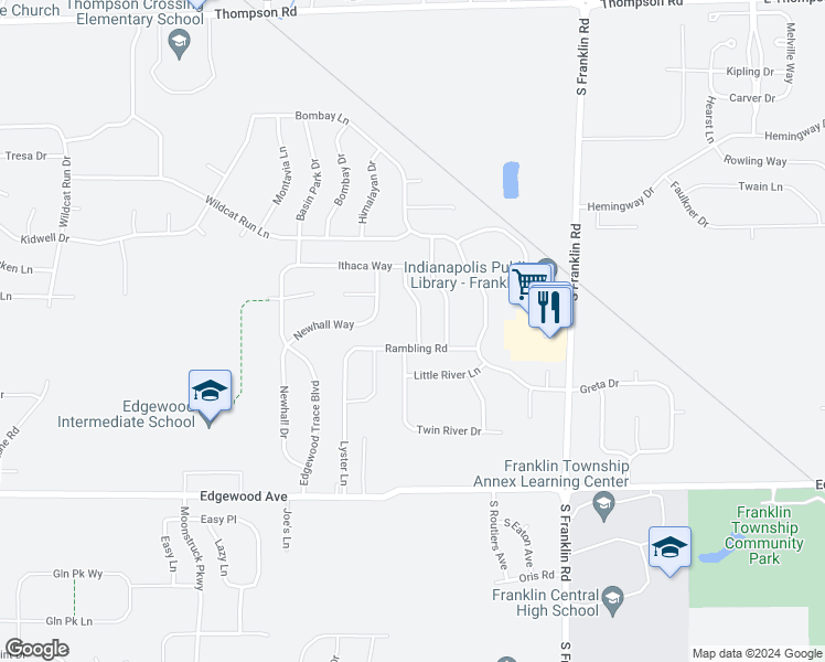 map of restaurants, bars, coffee shops, grocery stores, and more near 5640 Rambling Drive in Indianapolis