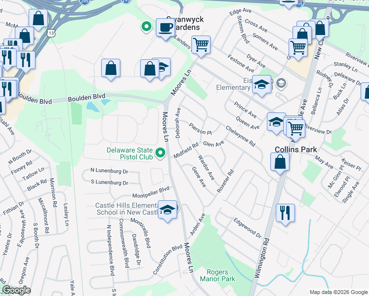 map of restaurants, bars, coffee shops, grocery stores, and more near 1 Midfield Road in New Castle