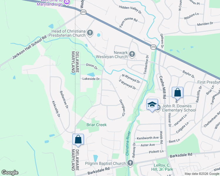 map of restaurants, bars, coffee shops, grocery stores, and more near 9 Georgian Circle in Newark