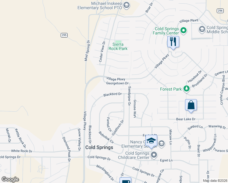 map of restaurants, bars, coffee shops, grocery stores, and more near 17750 Blackbird Drive in Reno