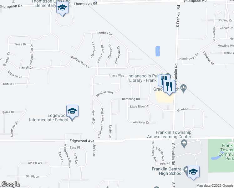 map of restaurants, bars, coffee shops, grocery stores, and more near 7927 Newhall Way in Indianapolis