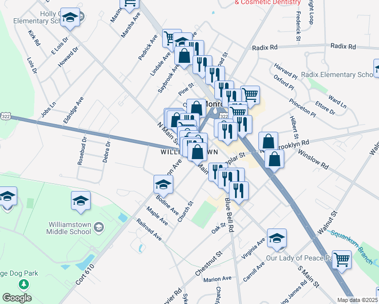 map of restaurants, bars, coffee shops, grocery stores, and more near in Monroe