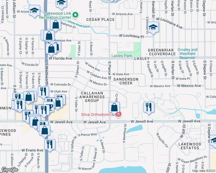 map of restaurants, bars, coffee shops, grocery stores, and more near 6800 West Mexico Drive in Lakewood