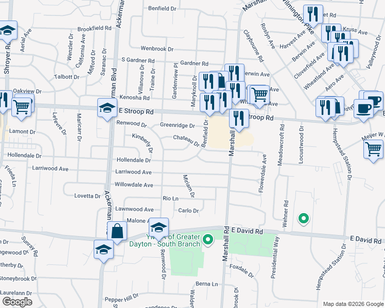 map of restaurants, bars, coffee shops, grocery stores, and more near 1100 Hollendale Drive in Dayton