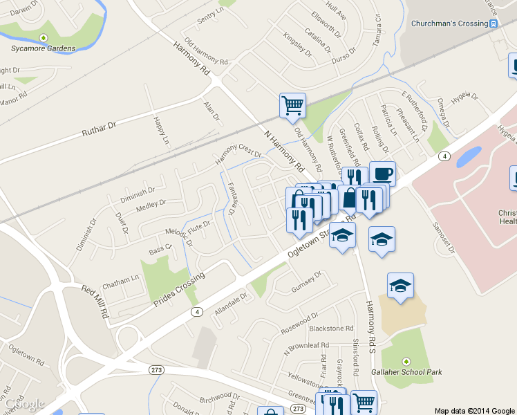 map of restaurants, bars, coffee shops, grocery stores, and more near 53 Cheswold Boulevard in Newark