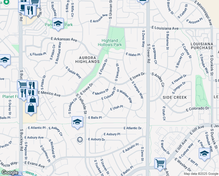 map of restaurants, bars, coffee shops, grocery stores, and more near 17930 East Mexico Drive in Aurora