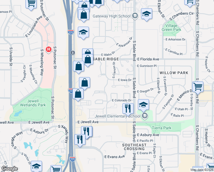 map of restaurants, bars, coffee shops, grocery stores, and more near 1662 South Blackhawk Way in Aurora