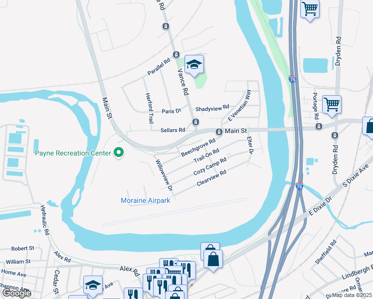 map of restaurants, bars, coffee shops, grocery stores, and more near 3547 Beechgrove Road in Moraine