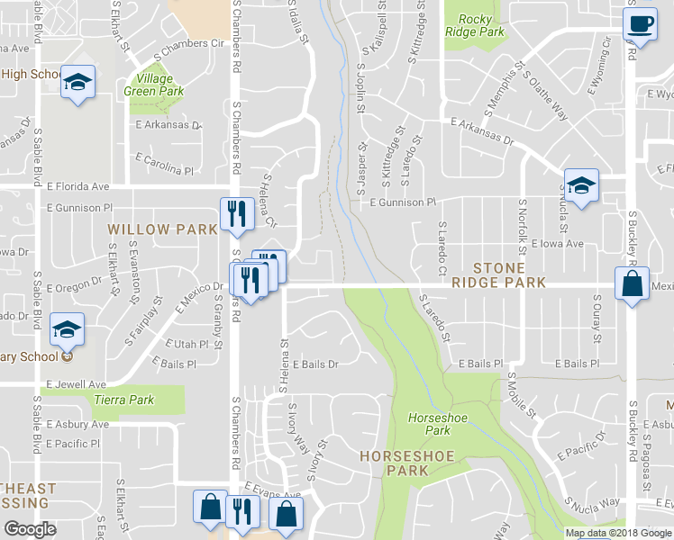 map of restaurants, bars, coffee shops, grocery stores, and more near 1652 South Idalia Circle in Aurora