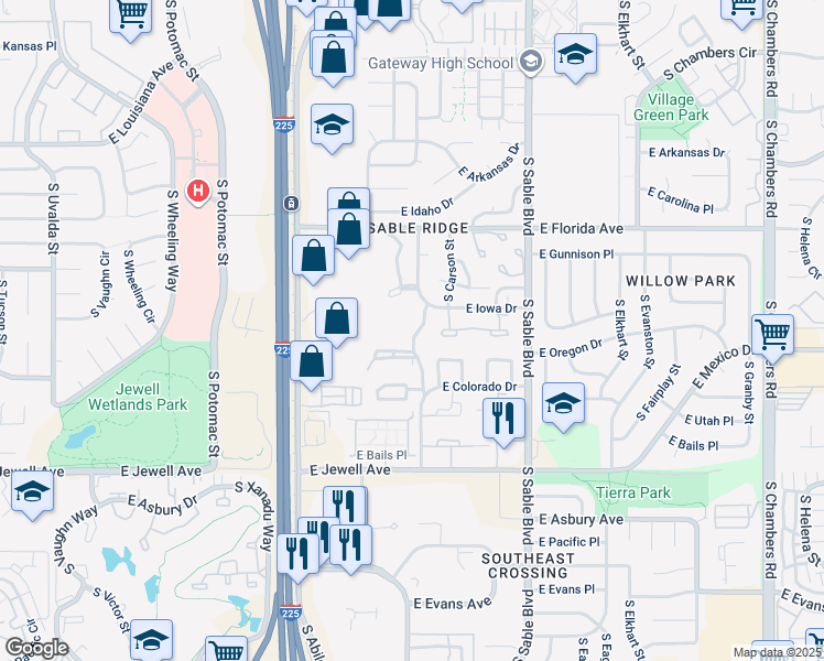 map of restaurants, bars, coffee shops, grocery stores, and more near 14072 East Iowa Drive in Aurora