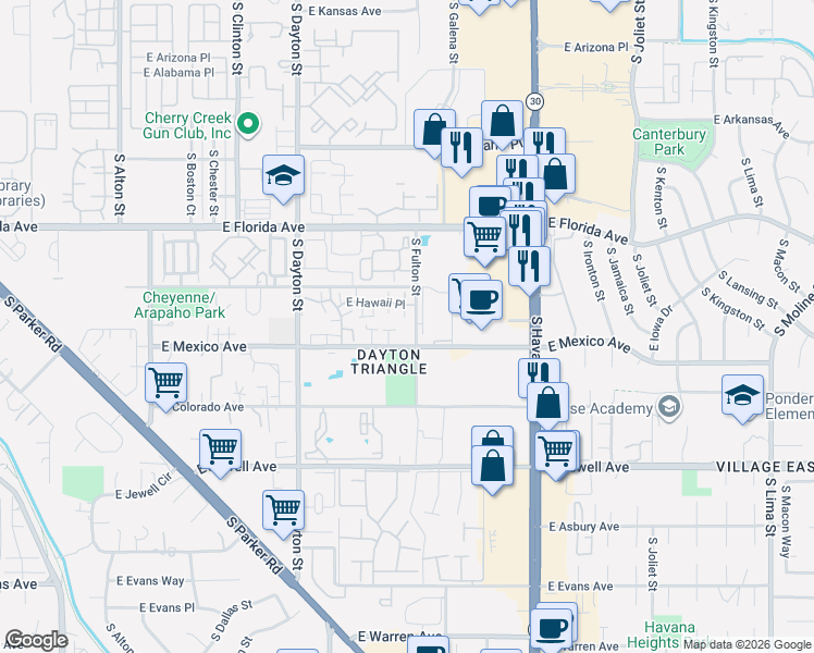 map of restaurants, bars, coffee shops, grocery stores, and more near 10097 East Hawaii Place in Denver