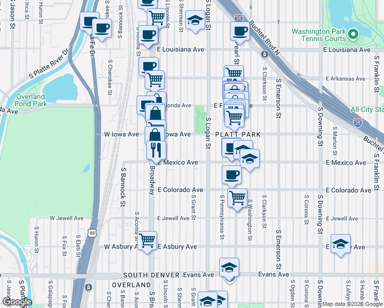 map of restaurants, bars, coffee shops, grocery stores, and more near 1628 South Grant Street in Denver