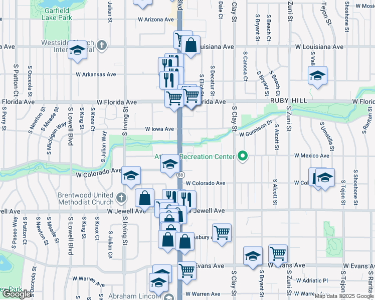 map of restaurants, bars, coffee shops, grocery stores, and more near 1640 South Federal Boulevard in Denver