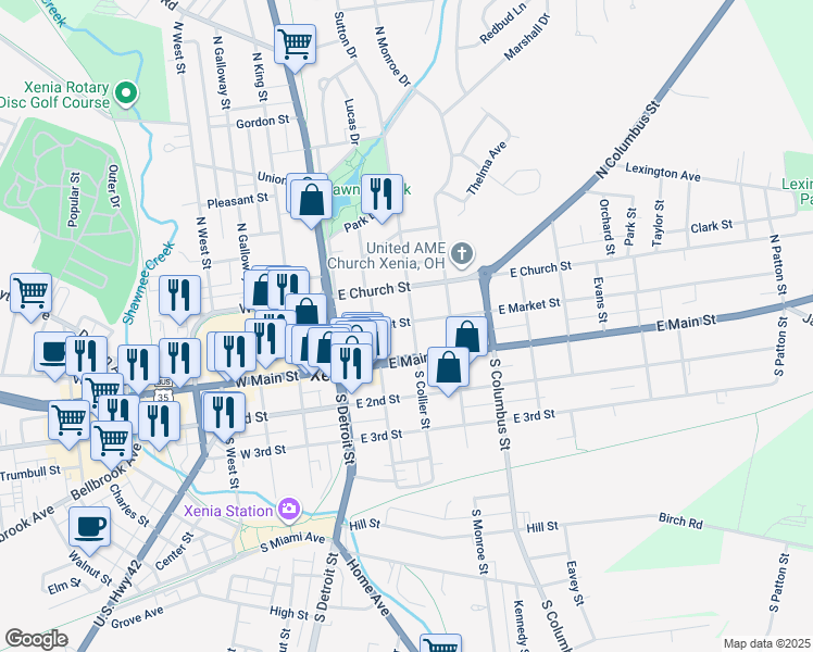map of restaurants, bars, coffee shops, grocery stores, and more near 185 East Church Street in Xenia