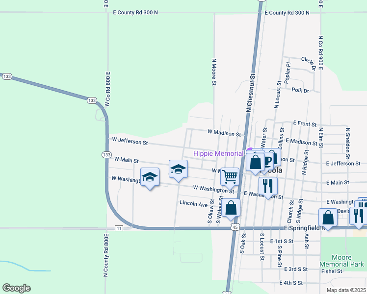 map of restaurants, bars, coffee shops, grocery stores, and more near 300 West Jefferson Street in Arcola