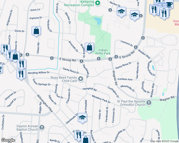 map of restaurants, bars, coffee shops, grocery stores, and more near 4048 Glenheath Drive in Kettering