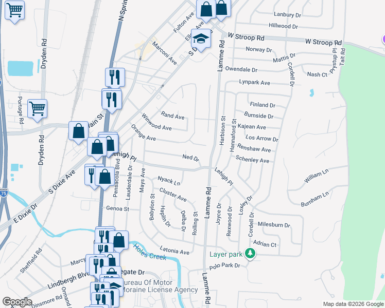 map of restaurants, bars, coffee shops, grocery stores, and more near 3103 White Oak Court in Dayton