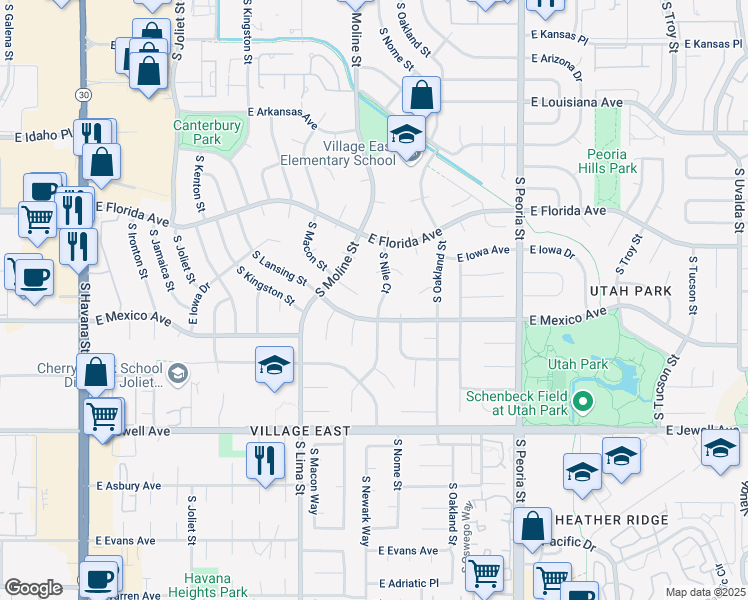 map of restaurants, bars, coffee shops, grocery stores, and more near 11642 East Iowa Avenue in Aurora