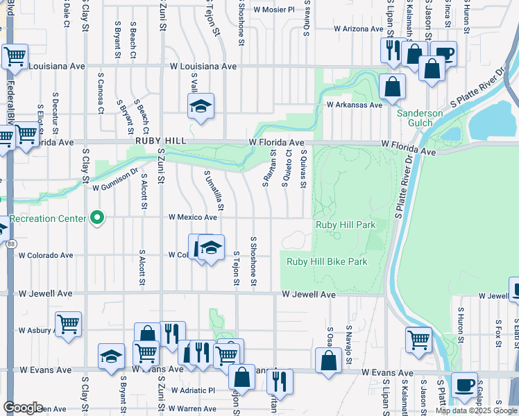 map of restaurants, bars, coffee shops, grocery stores, and more near 1630 South Raritan Street in Denver