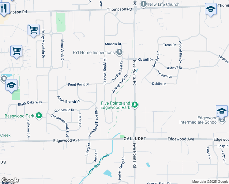 map of restaurants, bars, coffee shops, grocery stores, and more near 5621 Grassy Bank Drive in Indianapolis