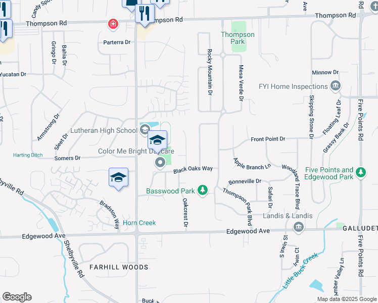 map of restaurants, bars, coffee shops, grocery stores, and more near 5639 Oakcrest Drive in Indianapolis