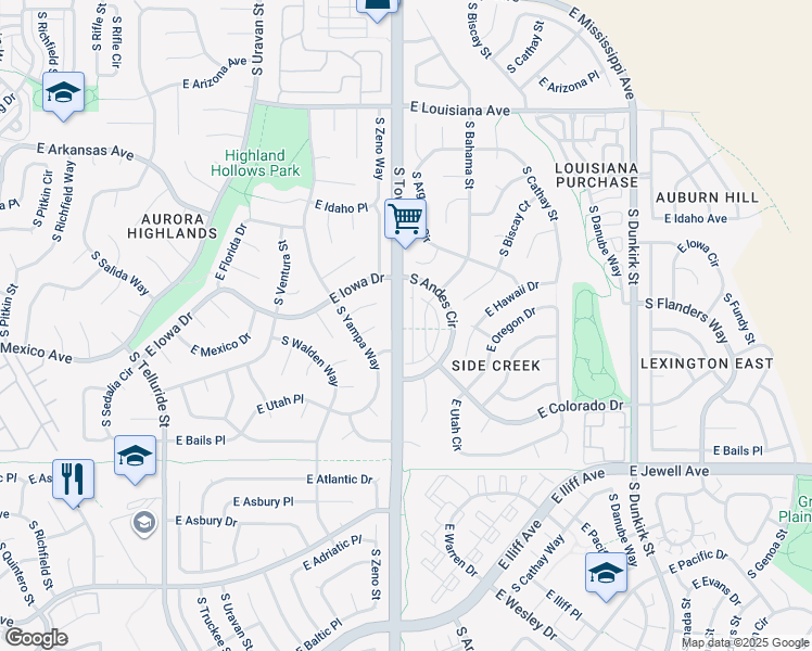 map of restaurants, bars, coffee shops, grocery stores, and more near 1628-1744 South Tower Road in Aurora