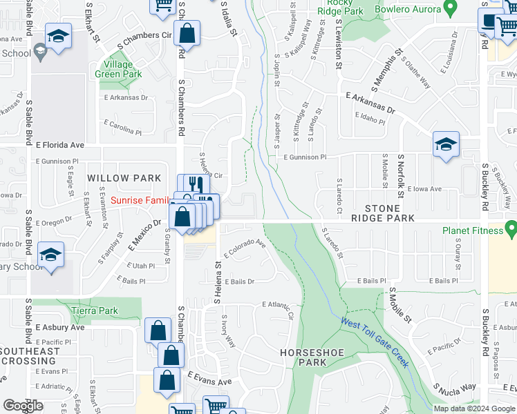 map of restaurants, bars, coffee shops, grocery stores, and more near 1652 South Idalia Circle in Aurora