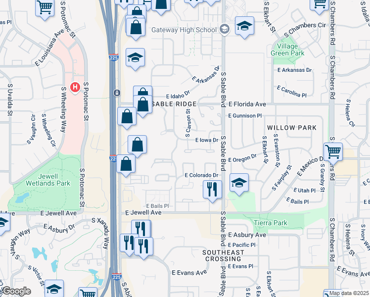 map of restaurants, bars, coffee shops, grocery stores, and more near 14181 East Iowa Drive in Aurora