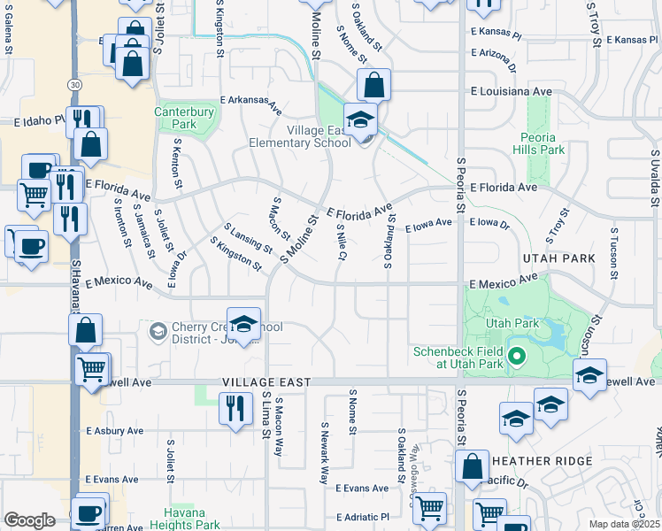 map of restaurants, bars, coffee shops, grocery stores, and more near 11642 East Iowa Avenue in Aurora
