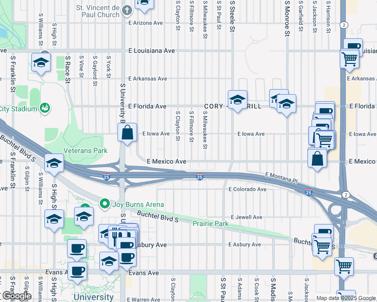 map of restaurants, bars, coffee shops, grocery stores, and more near 1630 South Fillmore Street in Denver
