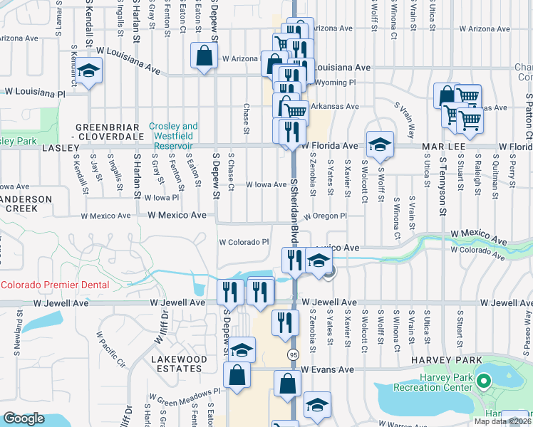 map of restaurants, bars, coffee shops, grocery stores, and more near 1633 South Benton Street in Lakewood
