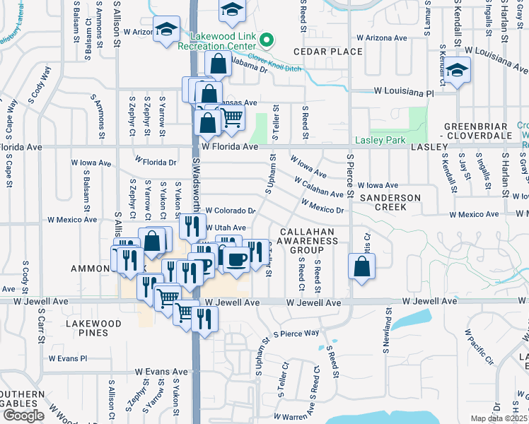 map of restaurants, bars, coffee shops, grocery stores, and more near 7280 West Oregon Drive in Lakewood
