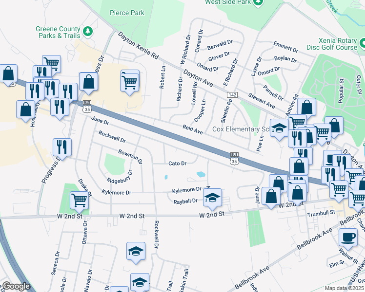 map of restaurants, bars, coffee shops, grocery stores, and more near 1379 Reid Avenue in Xenia