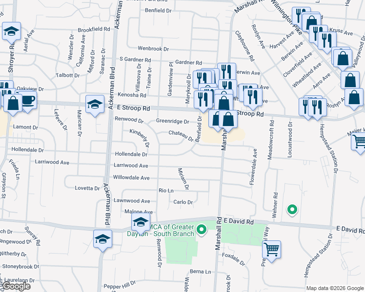map of restaurants, bars, coffee shops, grocery stores, and more near 1030 Chateau Drive in Dayton