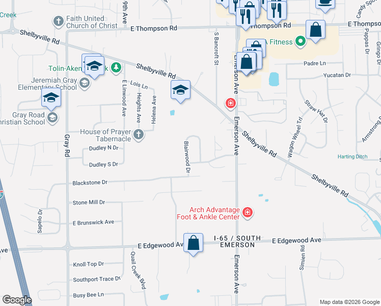 map of restaurants, bars, coffee shops, grocery stores, and more near 5523 Blairwood Drive in Indianapolis