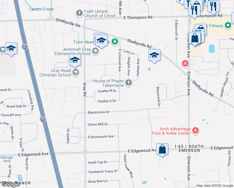 map of restaurants, bars, coffee shops, grocery stores, and more near 4432 Dudley North Drive in Indianapolis