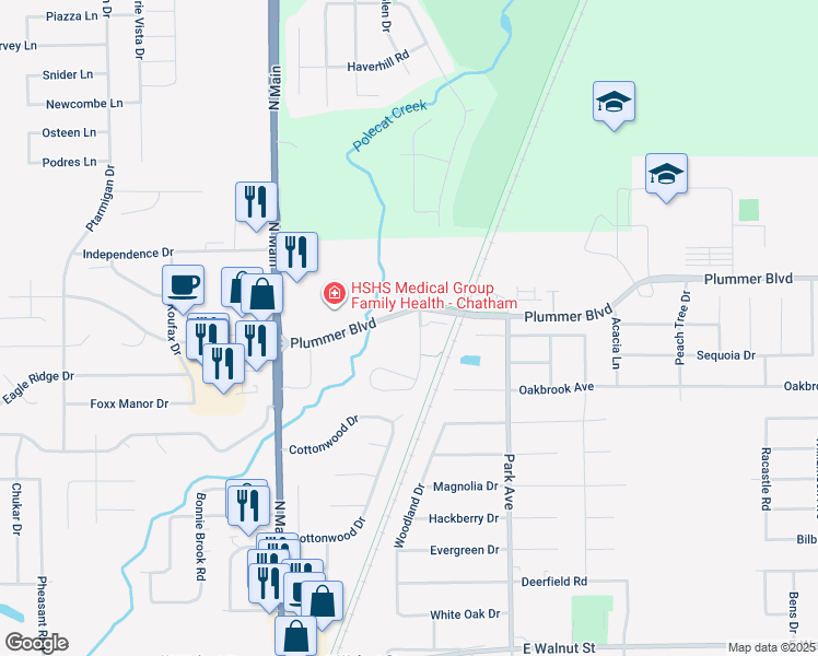 map of restaurants, bars, coffee shops, grocery stores, and more near 321 Boulder Creek Drive in Chatham