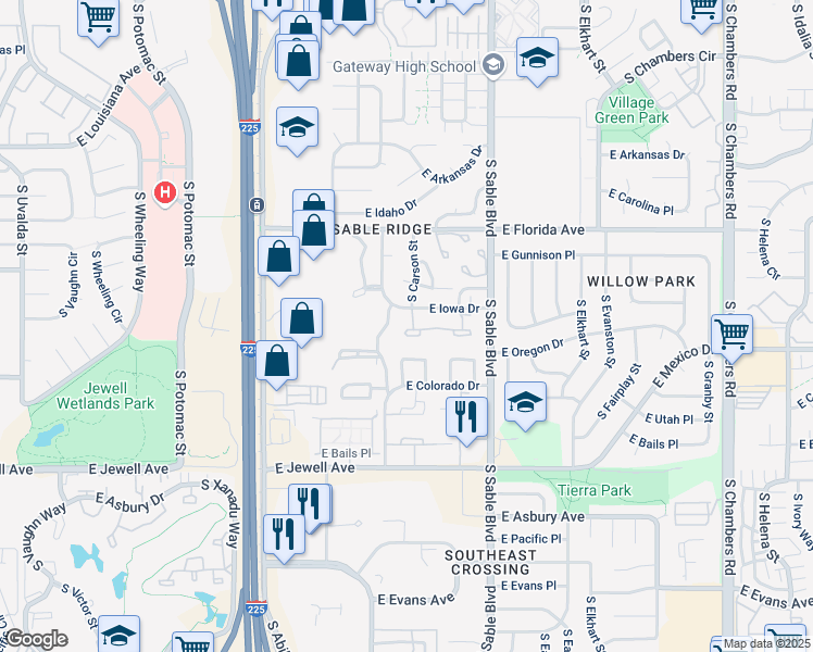 map of restaurants, bars, coffee shops, grocery stores, and more near 14181 East Iowa Drive in Aurora