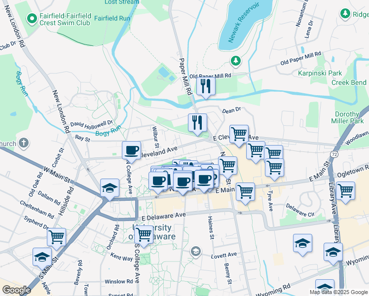 map of restaurants, bars, coffee shops, grocery stores, and more near 115 East Cleveland Avenue in Newark