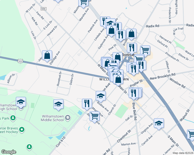 map of restaurants, bars, coffee shops, grocery stores, and more near 214 Glassboro Road in Monroe