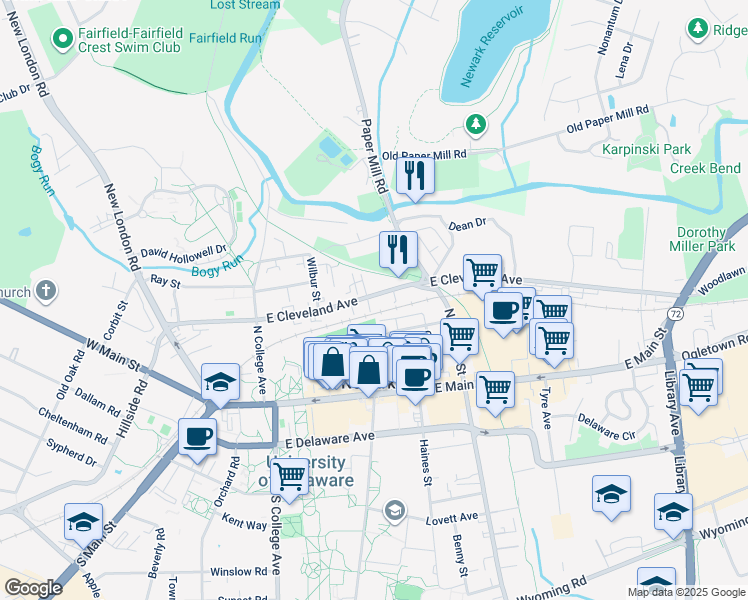 map of restaurants, bars, coffee shops, grocery stores, and more near 115 East Cleveland Avenue in Newark