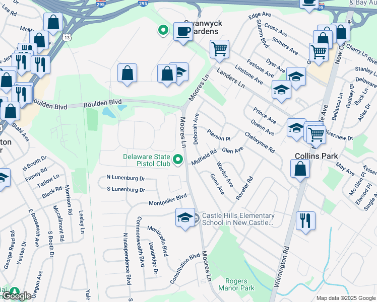map of restaurants, bars, coffee shops, grocery stores, and more near 707 Moores Lane in New Castle