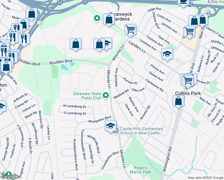 map of restaurants, bars, coffee shops, grocery stores, and more near 707 Moores Lane in New Castle