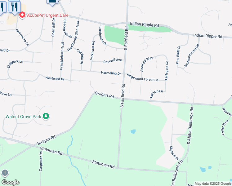 map of restaurants, bars, coffee shops, grocery stores, and more near 3524 Swigart Road in Dayton