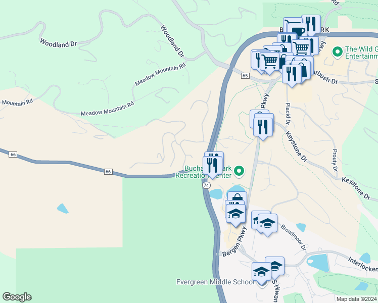 map of restaurants, bars, coffee shops, grocery stores, and more near 32351 Little Bear Court in Evergreen