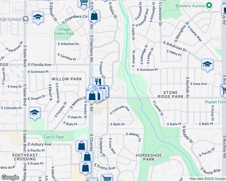 map of restaurants, bars, coffee shops, grocery stores, and more near 1600 South Idalia Circle in Aurora